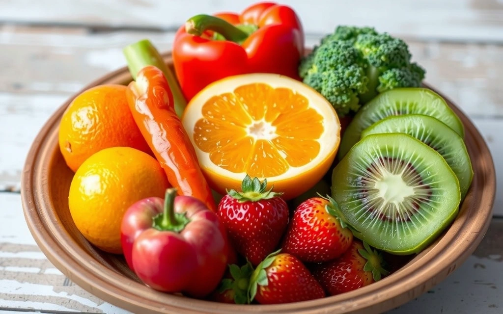 Ποικιλία φρούτων και λαχανικών πλούσιων σε βιταμίνη C, όπως πορτοκάλια, πιπεριές, μπρόκολο, φράουλες, σε ένα πολύχρωμο μπολ.