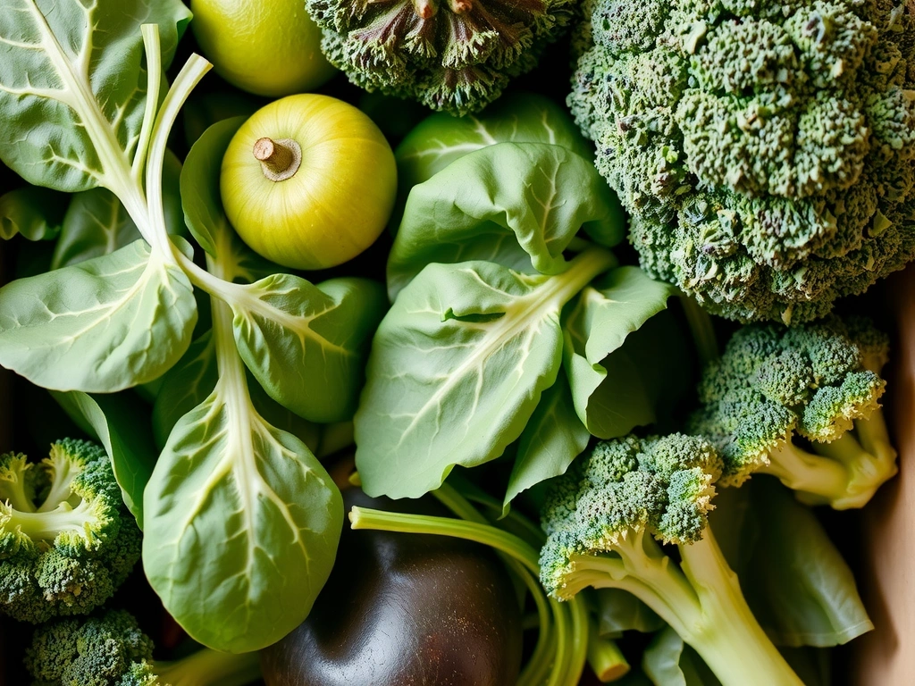 Ποικιλία από πράσινα φυλλώδη λαχανικά, όπως σπανάκι, μπρόκολο και λάχανο, πλούσια σε βιταμίνη K.