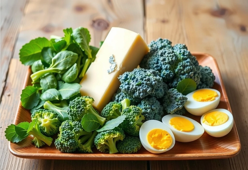 Μια πιατέλα με ποικιλία τροφών πλούσιων σε βιταμίνη K, όπως σπανάκι, μπρόκολο, τυρί και αυγά, σε μια ρουστίκ ξύλινη επιφάνεια.