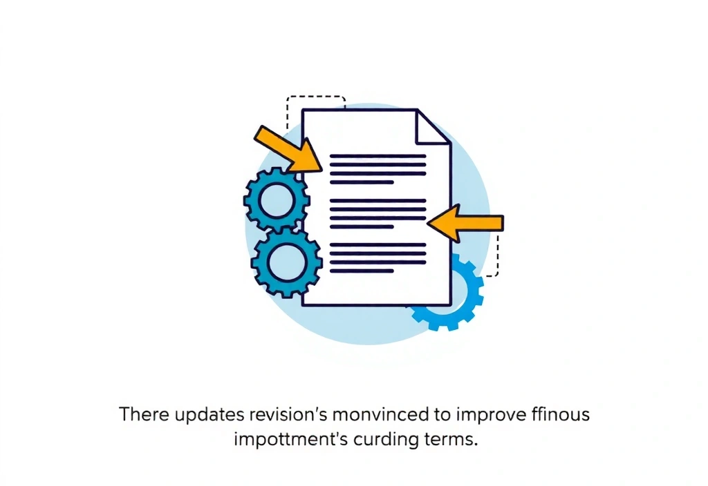 Illustration of a document being updated or revised with gears and arrows