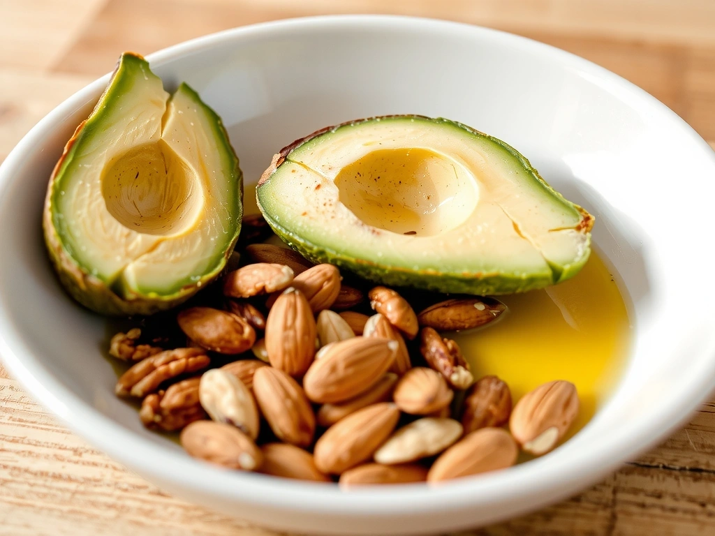 Ένα μπολ με αβοκάντο, ξηρούς καρπούς και ελαιόλαδο, που αντιπροσωπεύουν υγιεινά λίπη