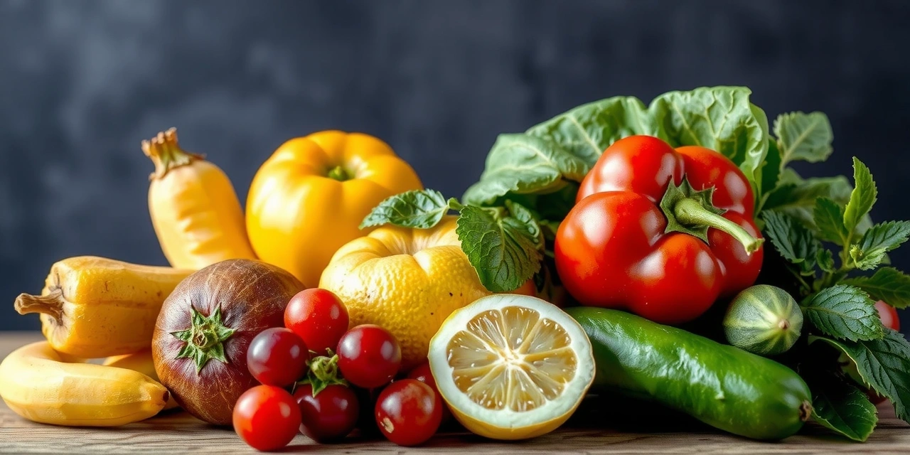 Σύνθεση φρέσκων φρούτων, λαχανικών και βοτάνων που συμβολίζουν τη φυσική υγεία και ζωτικότητα.