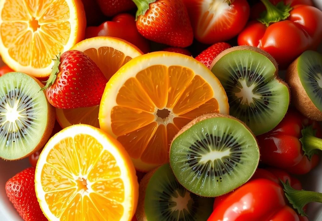 Εικόνα με τρόφιμα πλούσια σε βιταμίνη C όπως πορτοκάλια και φράουλες