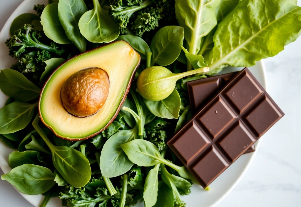 Εικόνα που δείχνει ένα πιάτο γεμάτο με πράσινα φυλλώδη λαχανικά, όπως σπανάκι και λάχανο, μαζί με αβοκάντο και μαύρη σοκολάτα, συμβολίζοντας τροφές πλούσιες σε μαγνήσιο.