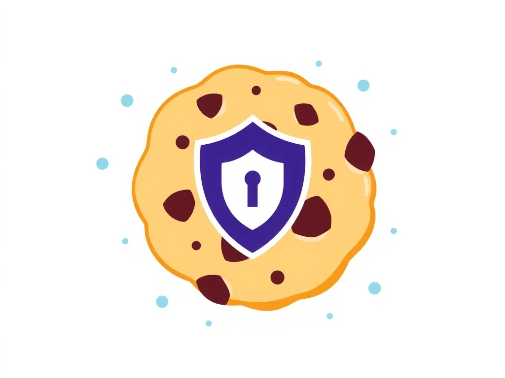 Εικονογράφηση ενός μπισκότου (cookie) με ένα σύμβολο ασπίδας, συμβολίζοντας την προστασία δεδομένων από cookies.