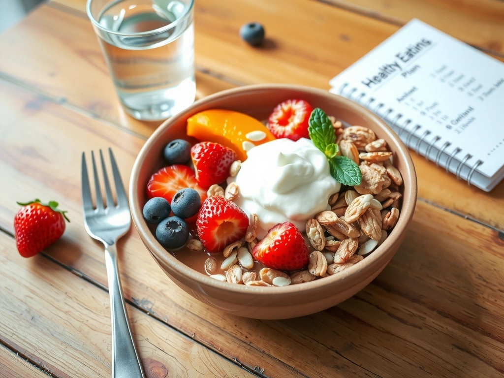 Υγιεινό μπολ πρωινού με φρούτα, σπόρους και γιαούρτι, δίπλα σε ένα ποτήρι νερό και ένα σημειωματάριο με σχέδιο διατροφής