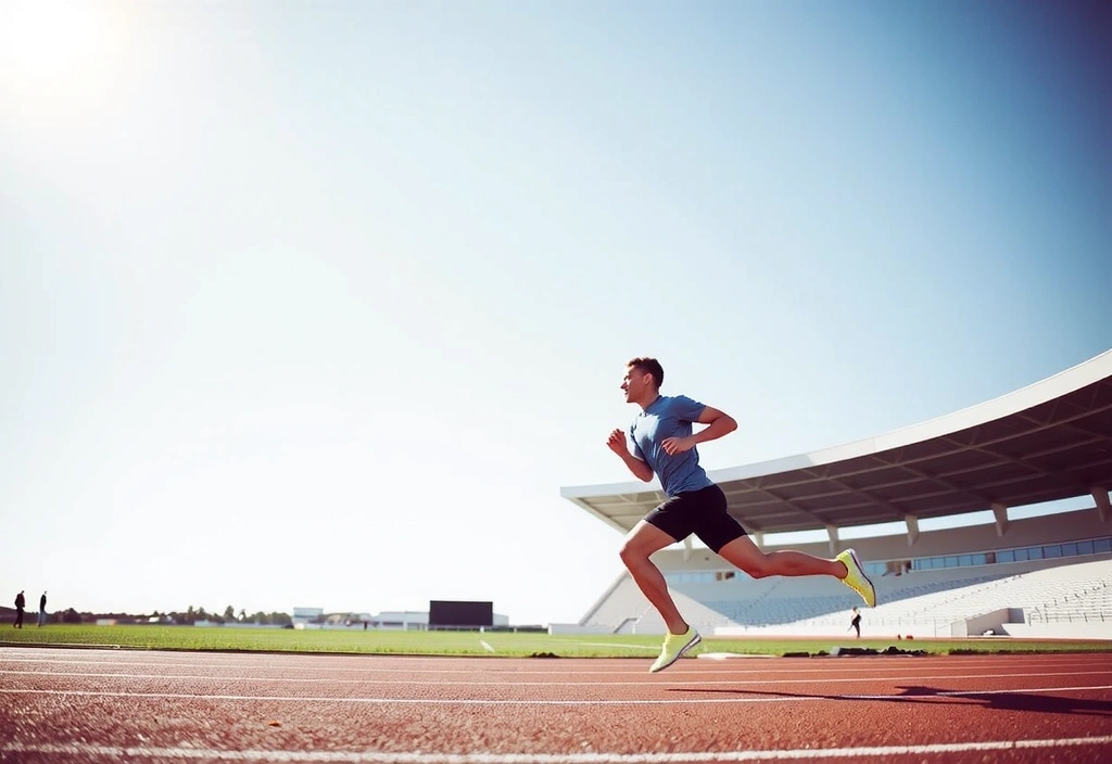 Εικόνα που δείχνει έναν αθλητή να τρέχει με δύναμη και ενέργεια σε ένα ανοιχτό γήπεδο, με φόντο έναν ηλιόλουστο ουρανό, συμβολίζοντας την αθλητική απόδοση και αντοχή.