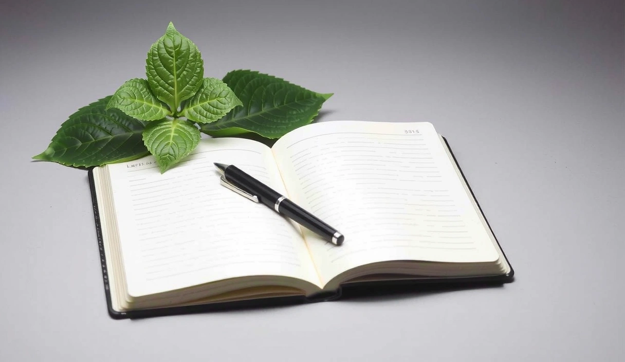 Ανοιχτό σημειωματάριο με στυλό και φυσικά στοιχεία, σύμβολο γνώσης και ανάπτυξης