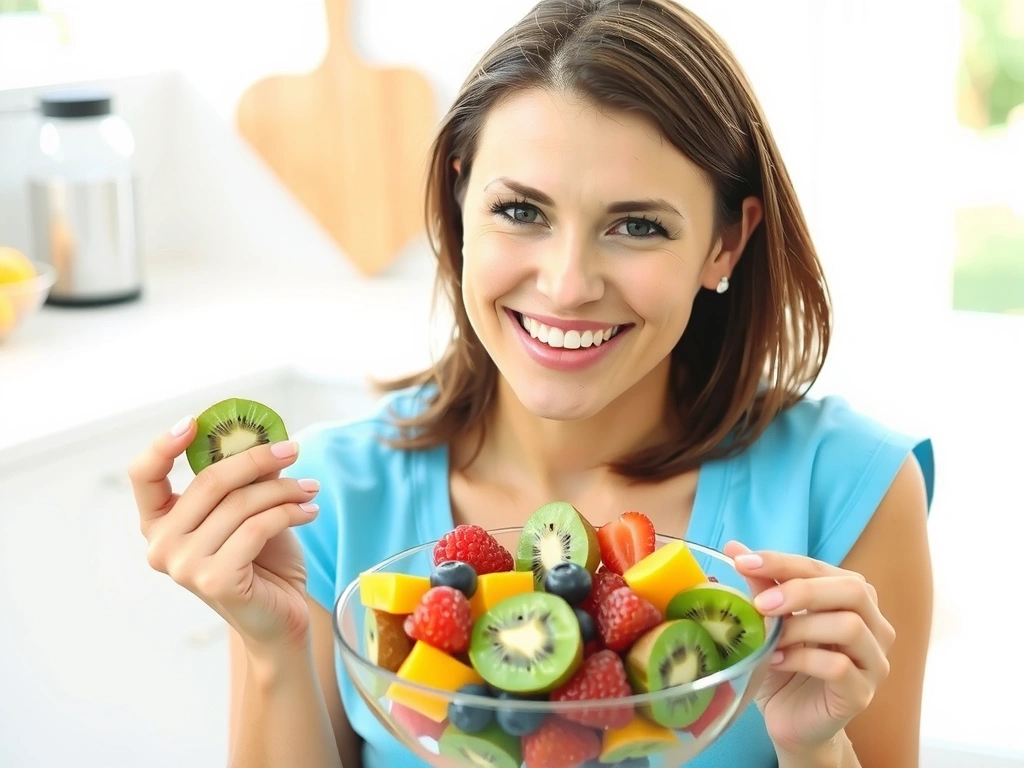 Γυναίκα που τρώει φρέσκα φρούτα με χαμόγελο