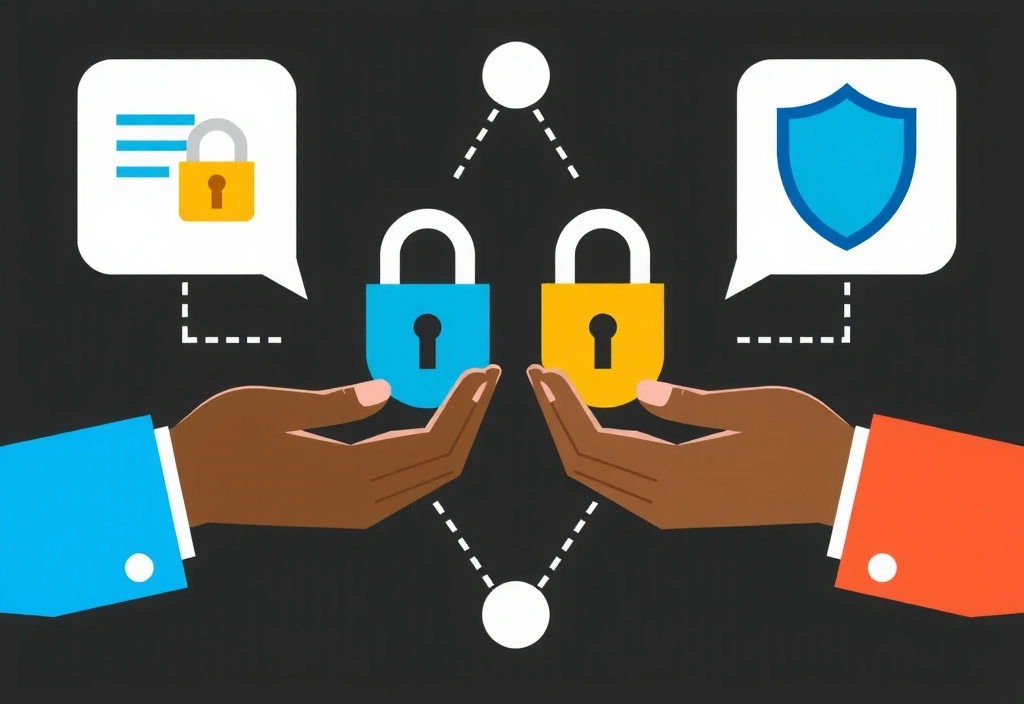 Εικονογράφηση χεριών που μοιράζονται δεδομένα με σύμβολα ασφαλείας, συμβολίζοντας την υπεύθυνη αποκάλυψη δεδομένων.