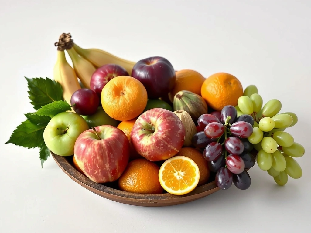 Μια ποικιλία από φρέσκα φρούτα, όπως μήλα, μπανάνες, πορτοκάλια και σταφύλια, σε ένα ξύλινο μπολ